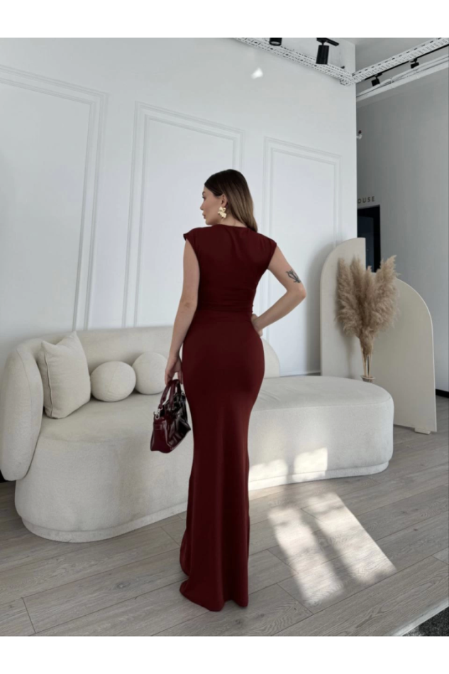Kolsuz Uzun Likralı Elbise - Bordo
