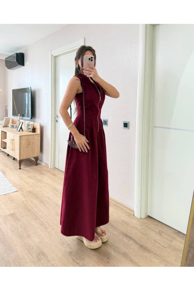 Dik Yuvarlak Yaka Önden Fermuarlı Sifir Kol Beli Oturtmalı Kolsuz Cepli Çan Etekli Uzun Elbise - Bordo