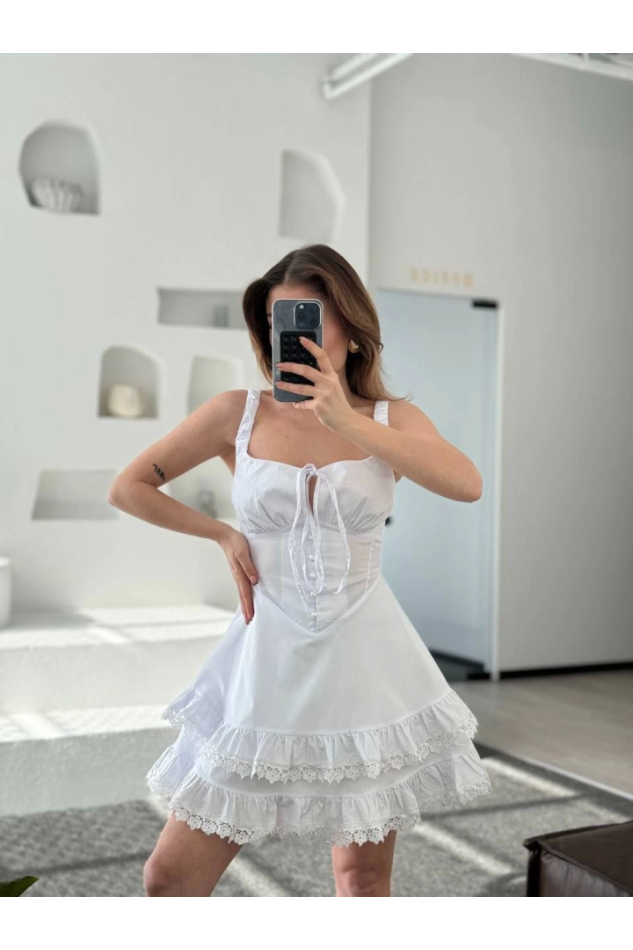 Fırfırlı Askılı Mini Elbise - Beyaz