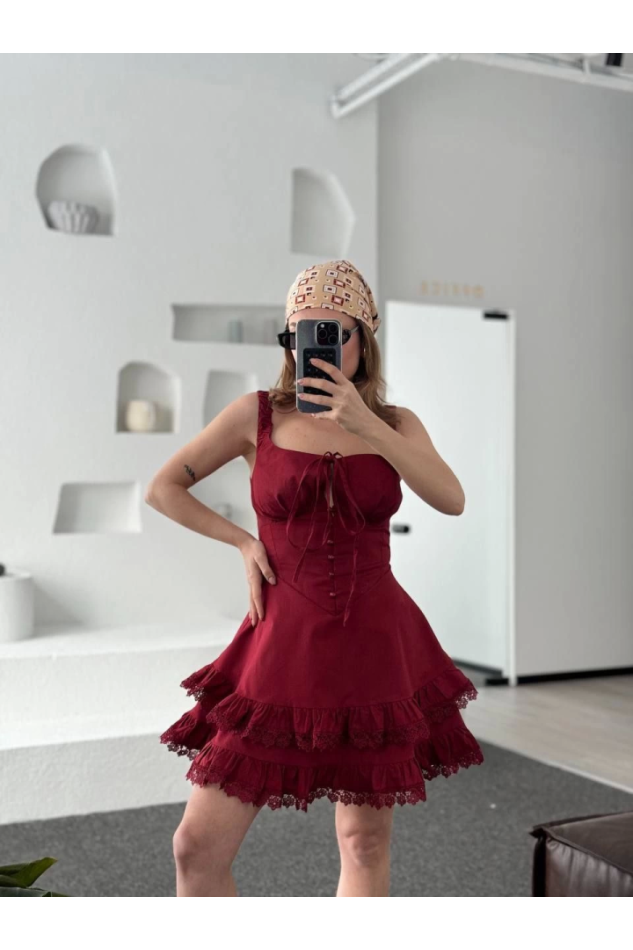 Fırfırlı Askılı Mini Elbise - Bordo