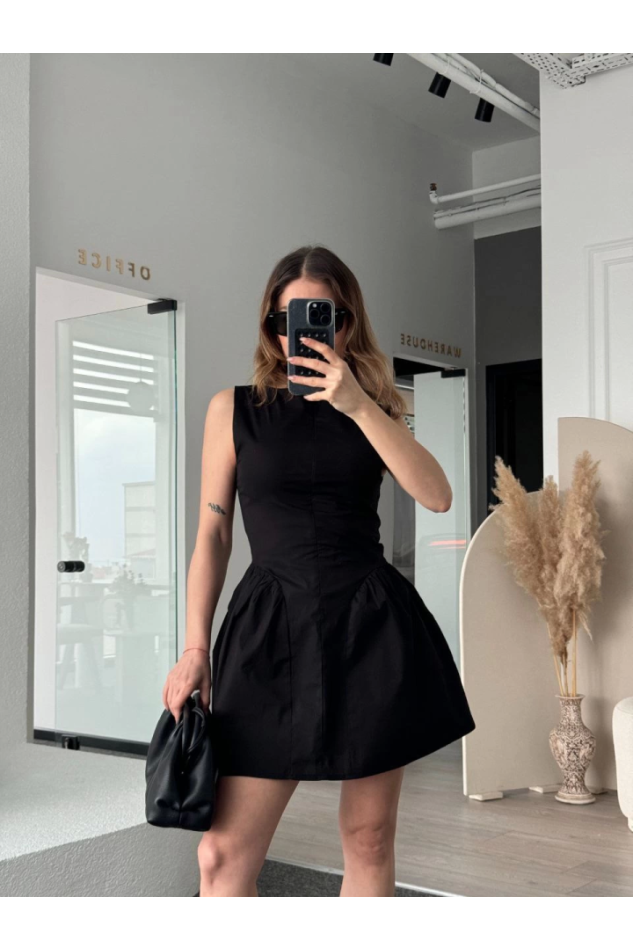 Fermuar Detaylı Mini Elbise - Siyah
