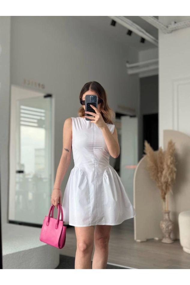 Fermuar Detaylı Mini Elbise - Beyaz