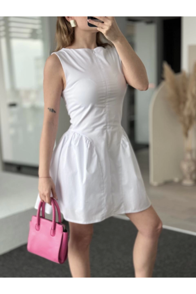 Fermuar Detaylı Mini Elbise - Beyaz