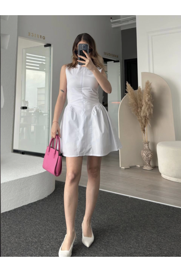 Fermuar Detaylı Mini Elbise - Beyaz