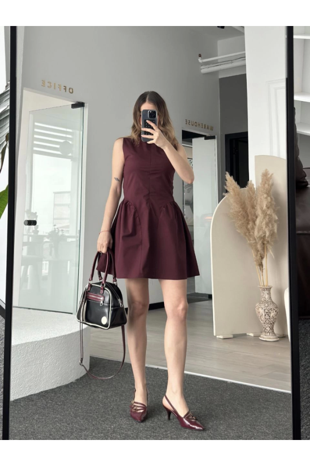 Fermuar Detaylı Mini Elbise - Kahve