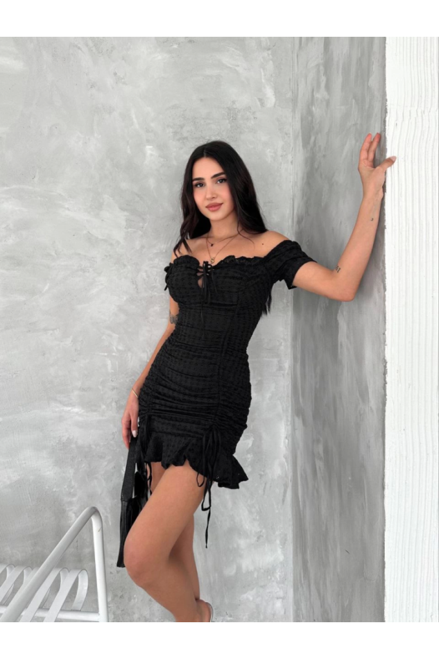 Göğüs Bağlamalı Mini Elbise - Siyah
