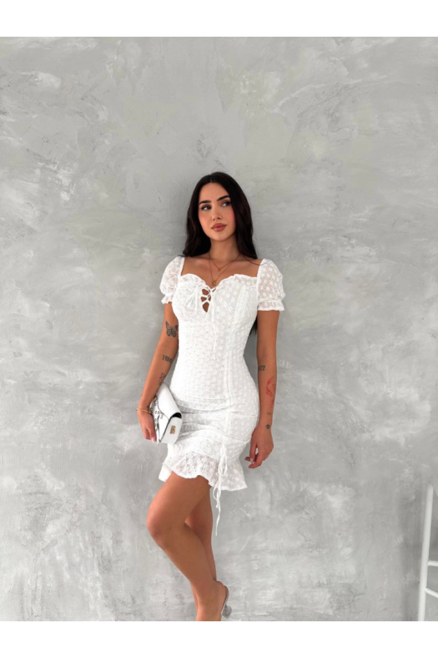 Göğüs Bağlamalı Mini Elbise - Beyaz