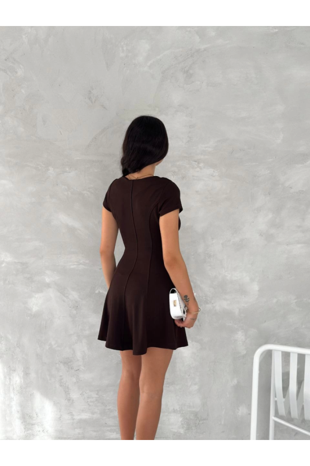 Kısa Kollu Mini Elbise - Kahverengi